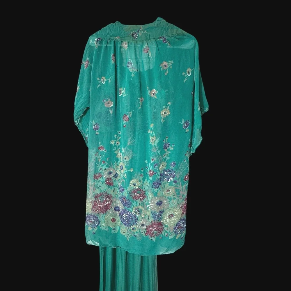Vintage 70s Teal Floral Maxi Dress & Kimono Set ILGWU Made in USA Size 10
